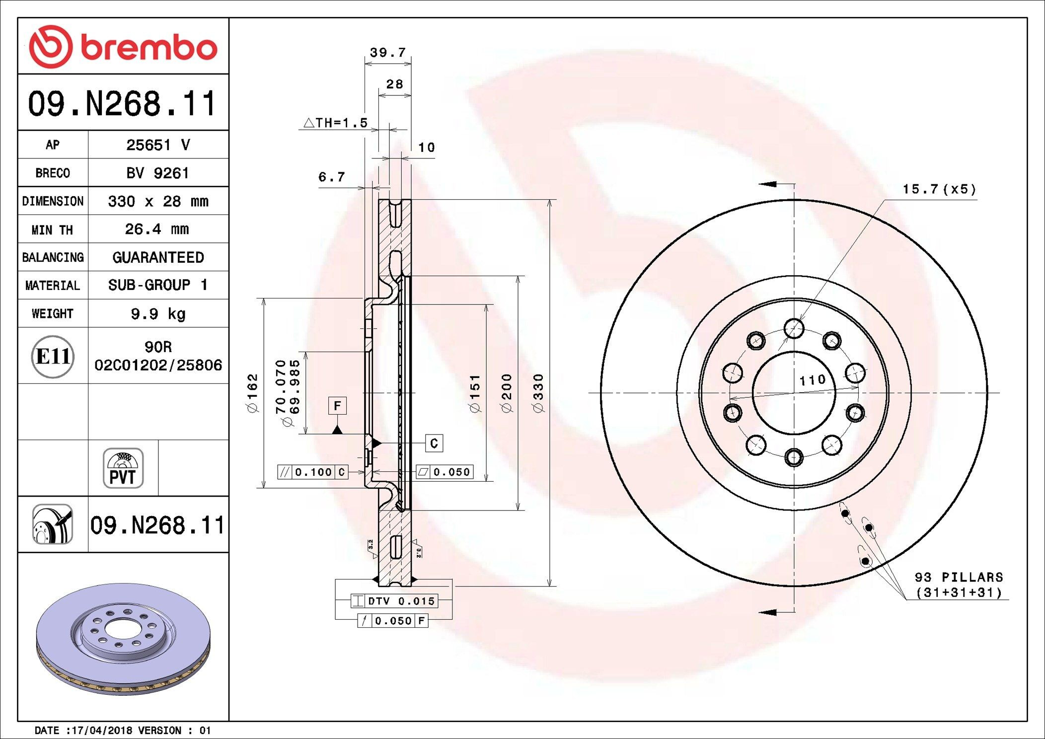 09N26811 Brembo Tarcza hamulcowa przednia