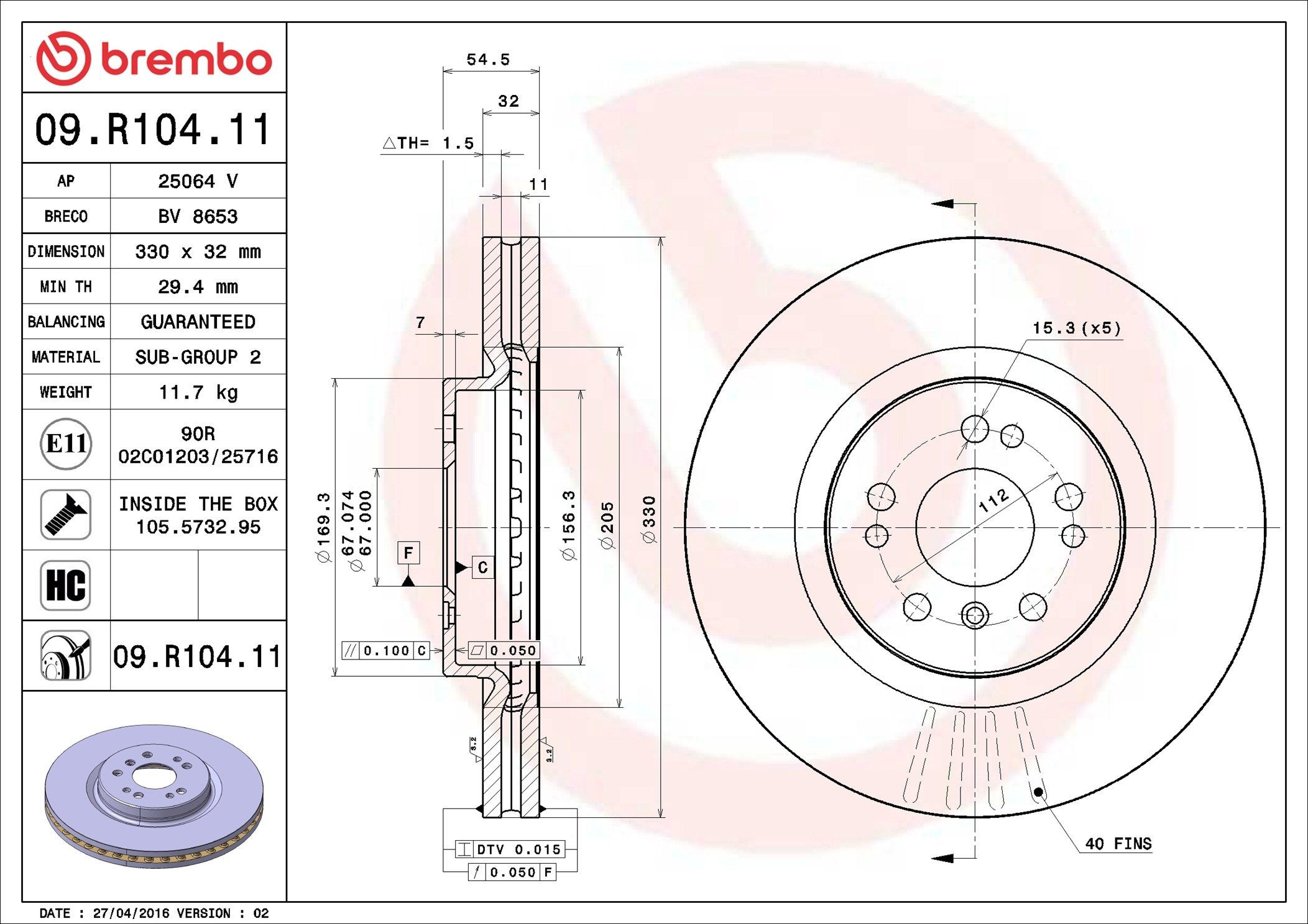 Tarcza hamulcowa przednia Brembo 09R10411 cena, od 97,68 USD