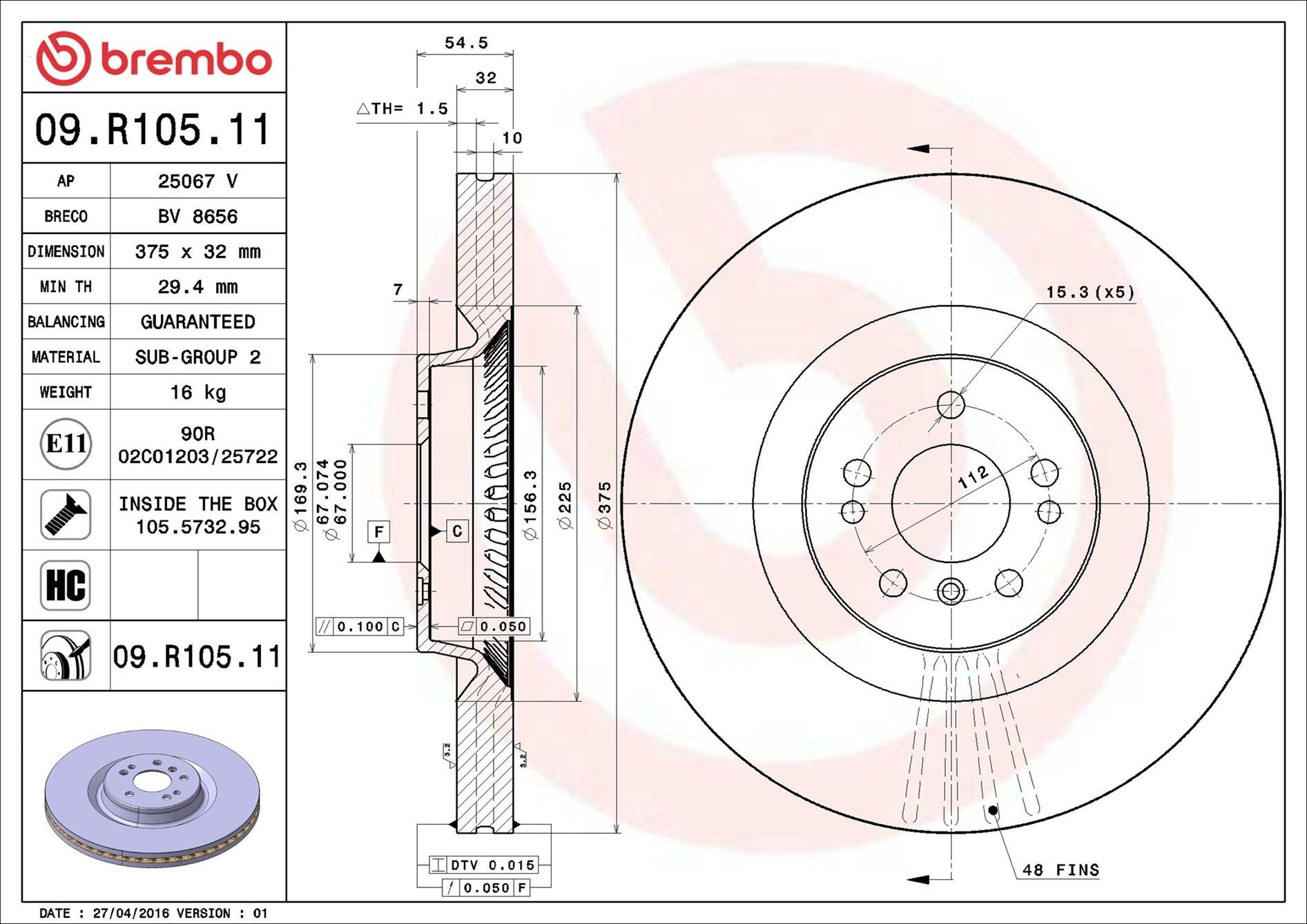 Do koszyka 09R10511 Brembo Tarcza hamulcowa przednia