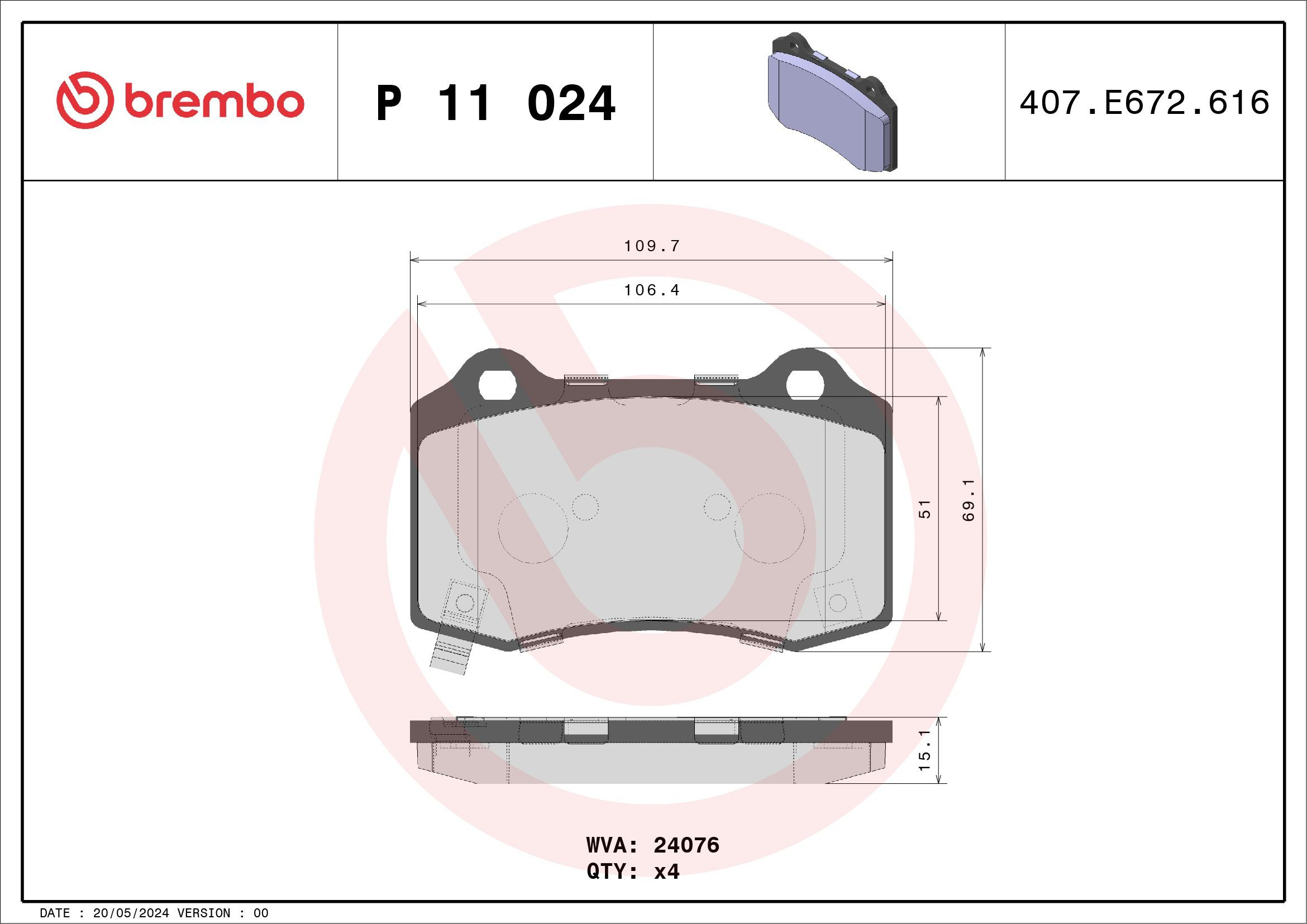 P11024 Brembo Okładziny (klocki) do hamulców tarczowych tylne