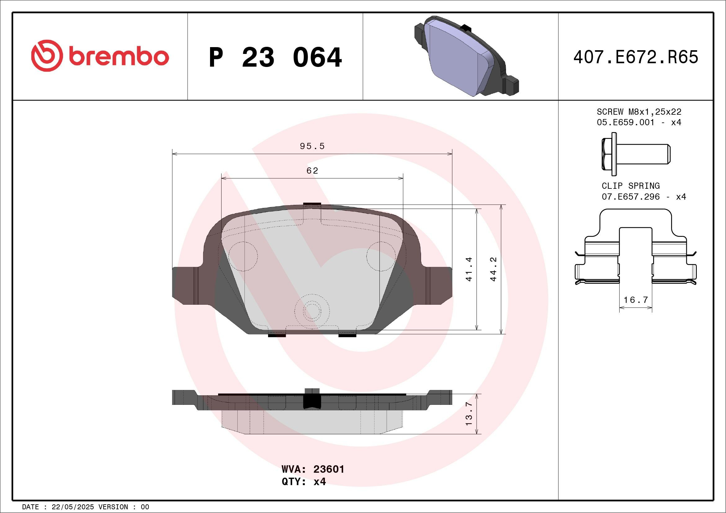 Do koszyka P23064 Brembo Okładziny (klocki) do hamulców tarczowych tylne