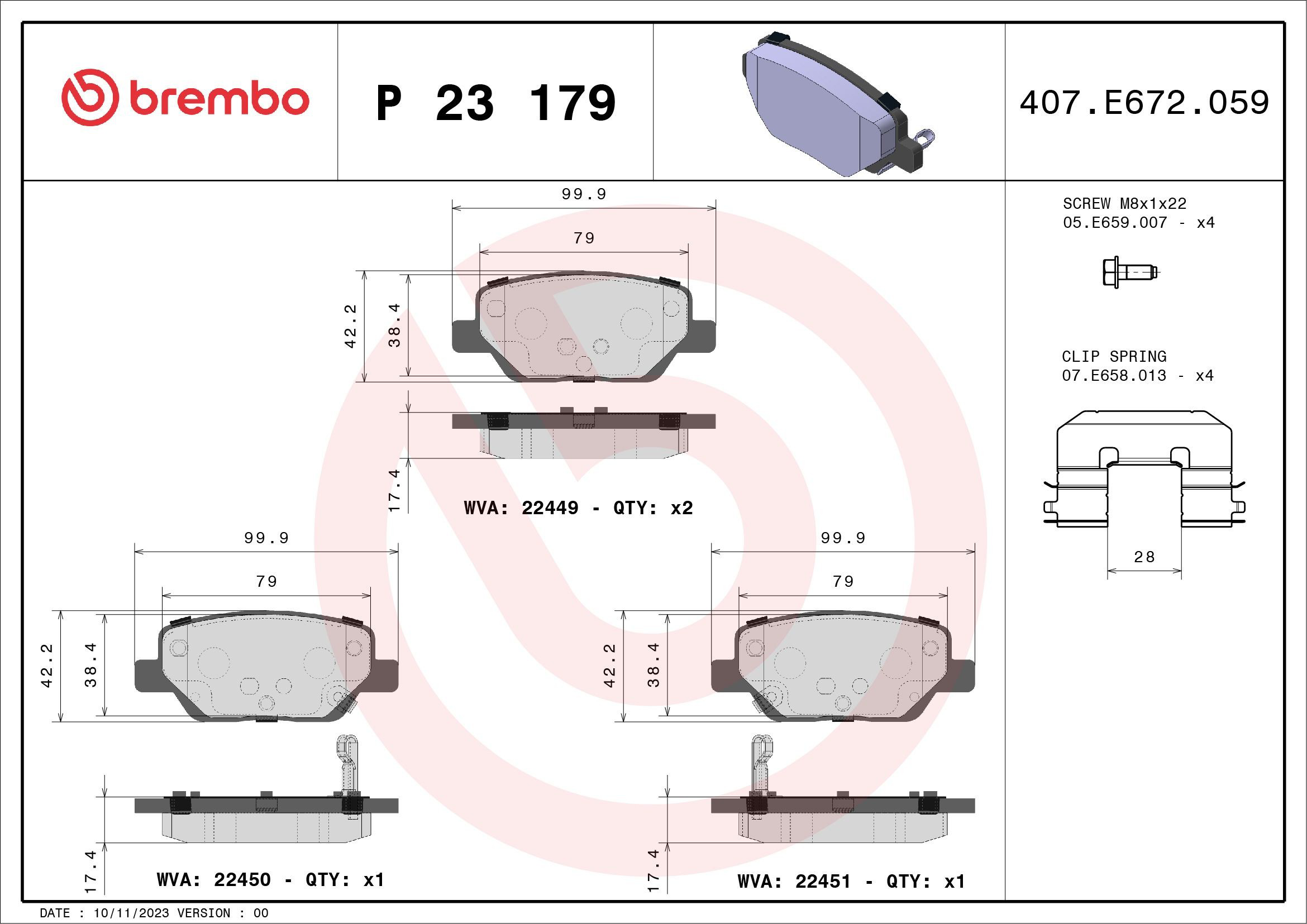 Do koszyka P23179 Brembo Okładziny (klocki) do hamulców tarczowych tylne