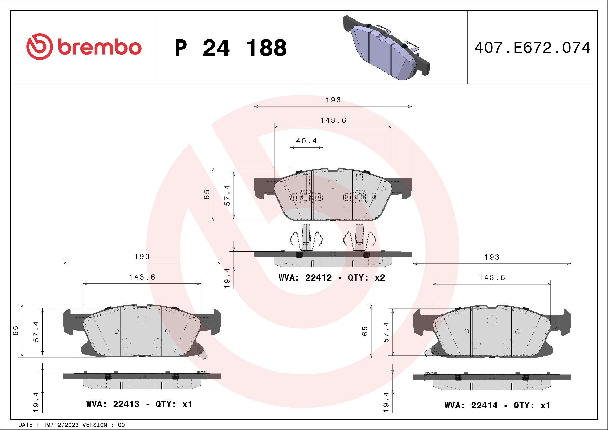 Do koszyka P24188 Brembo Klocki hamulcowe przednie tarczowe