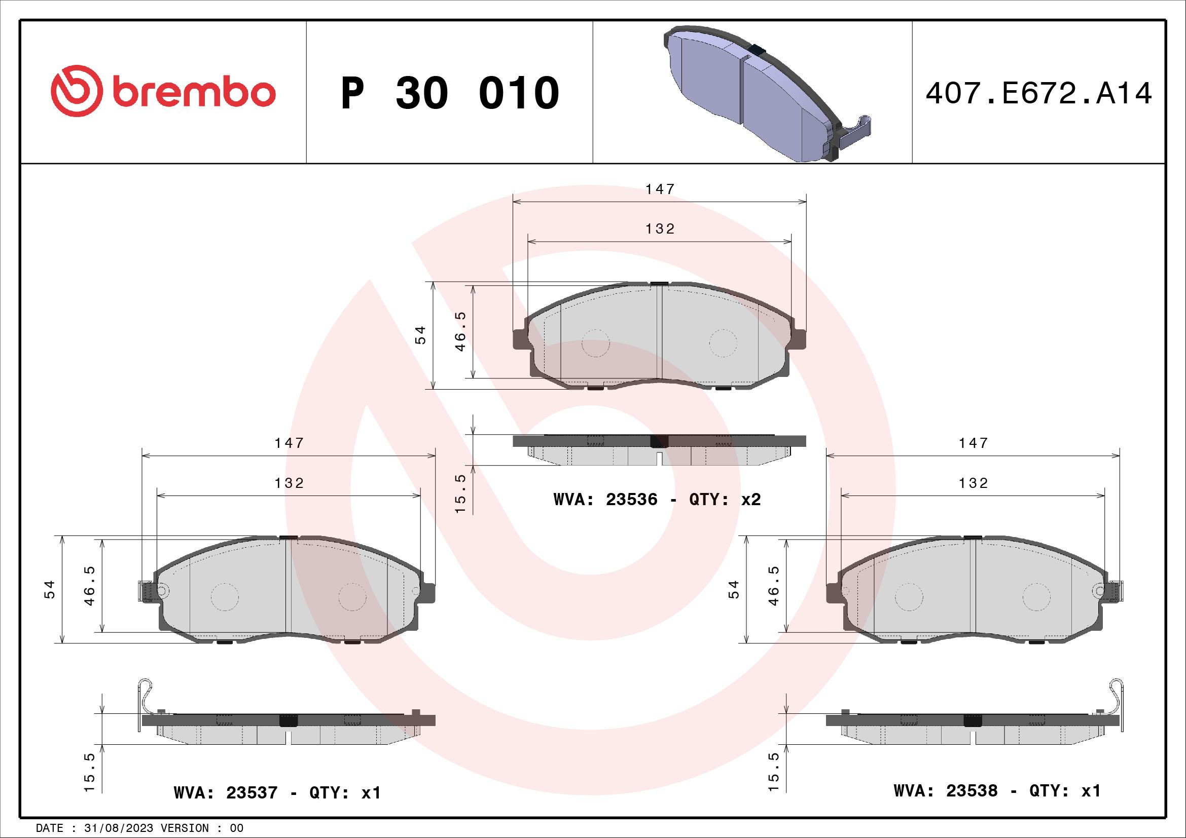 Klocki hamulcowe przednie tarczowe Brembo P30010 cena, od 25,49 USD