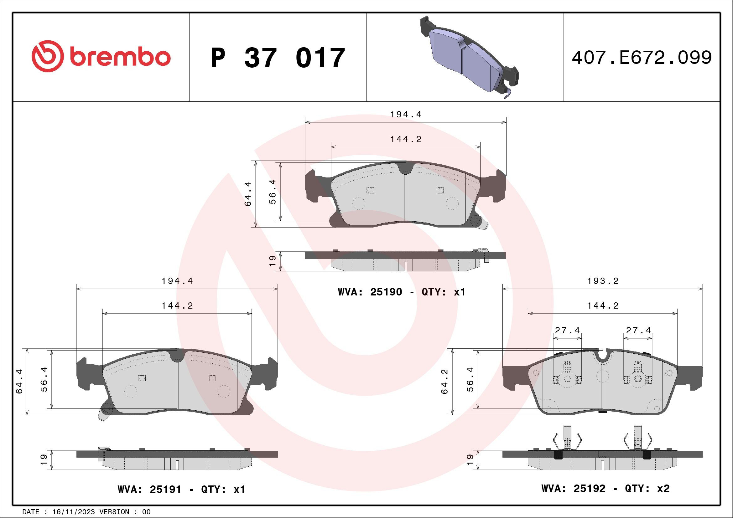 Klocki hamulcowe przednie tarczowe Brembo P37017 cena, od 43,42 USD