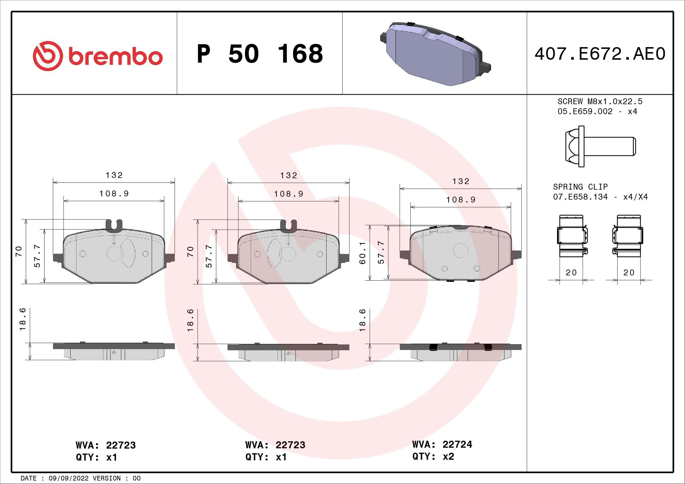 Okładziny (klocki) do hamulców tarczowych tylne P50168 Brembo
