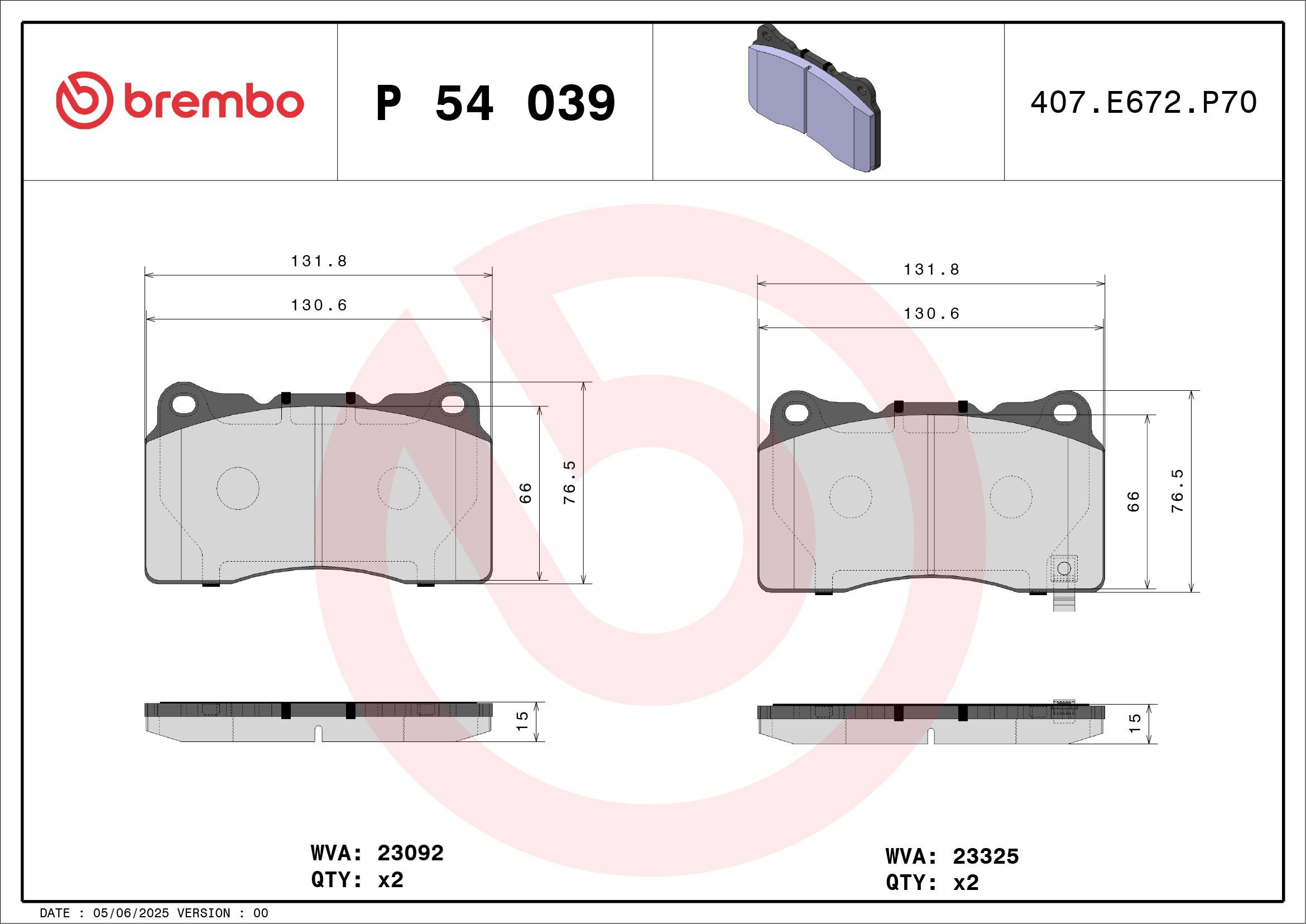 Klocki hamulcowe przednie tarczowe Brembo P54039 cena, od 36,12 USD
