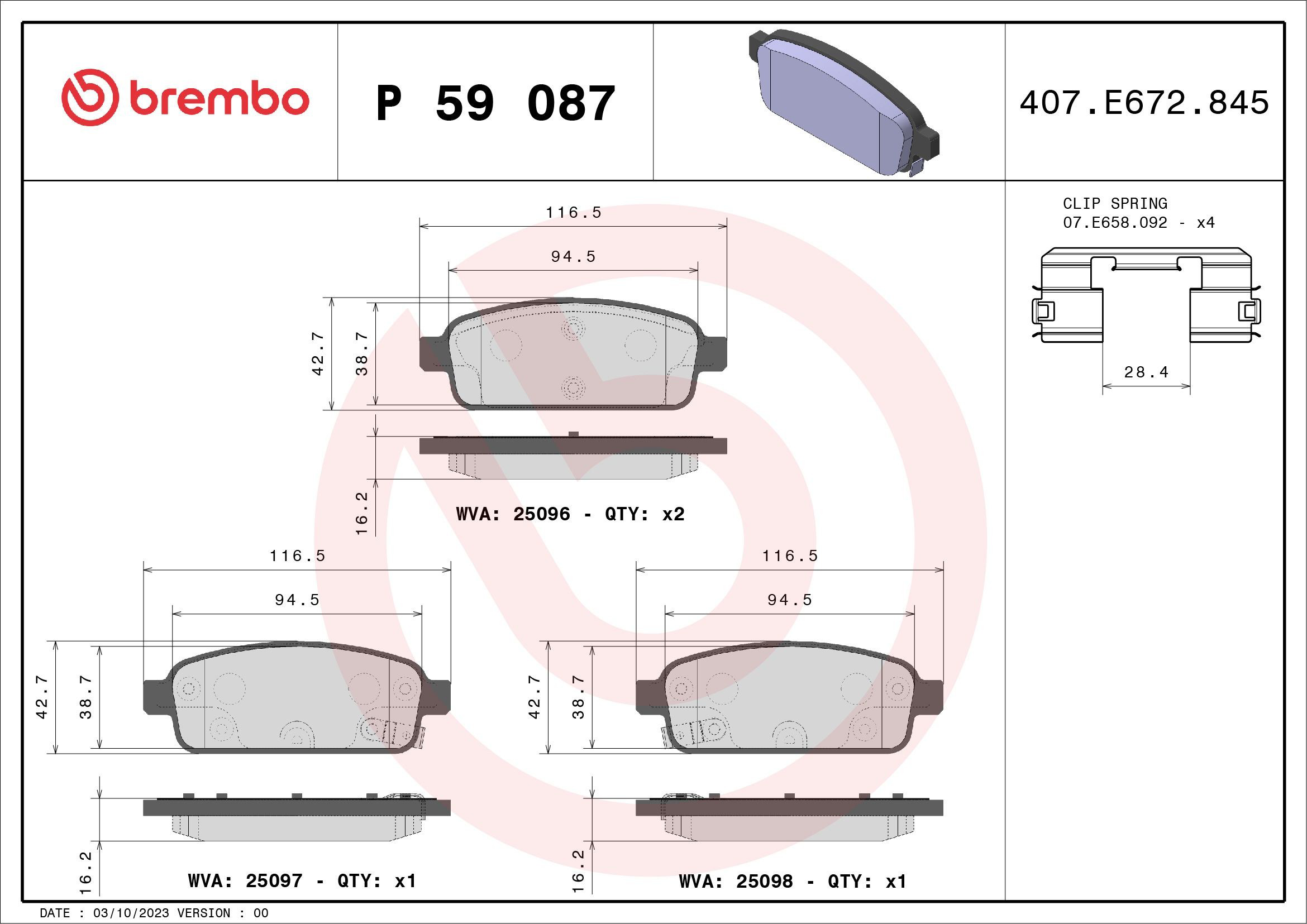 P59087 Brembo Okładziny (klocki) do hamulców tarczowych tylne