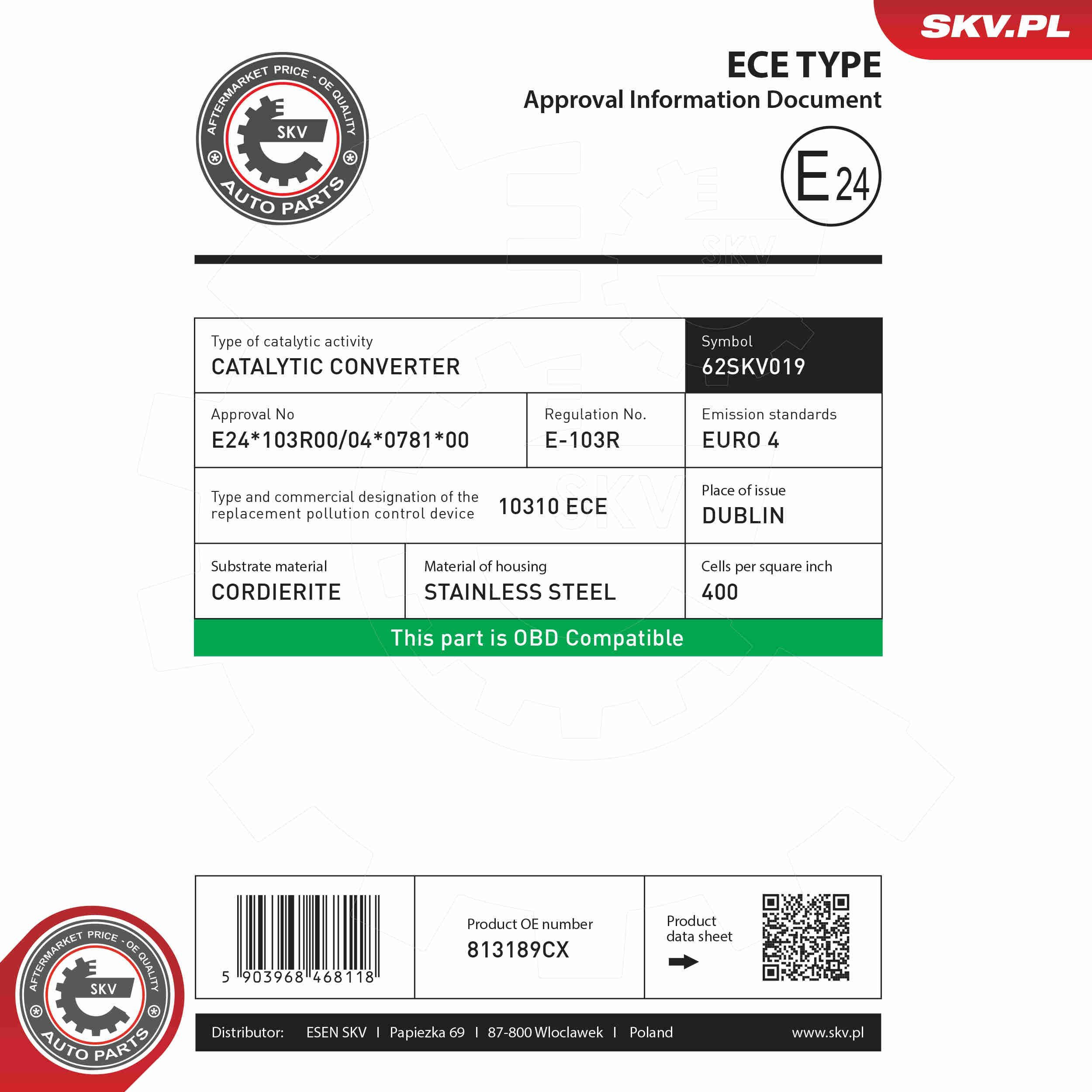 Konwerter-katalizator SKV 62SKV019 cena, od 185,96 USD
