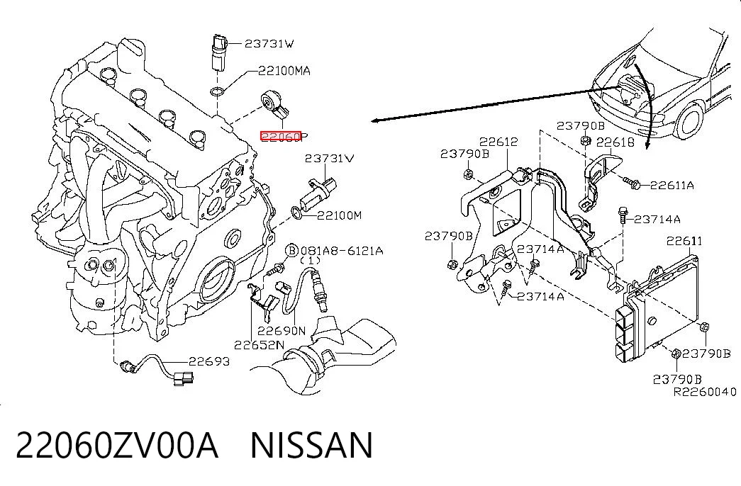 22060ZV00A Nissan/Infiniti Czujnik stukowy (czujnik spalania stukowego)