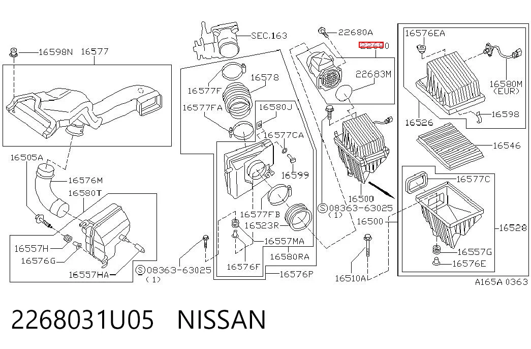 2268031U05 Nissan/Infiniti Czujnik przepływu powietrza, przepływomierz powietrza M.A.F.