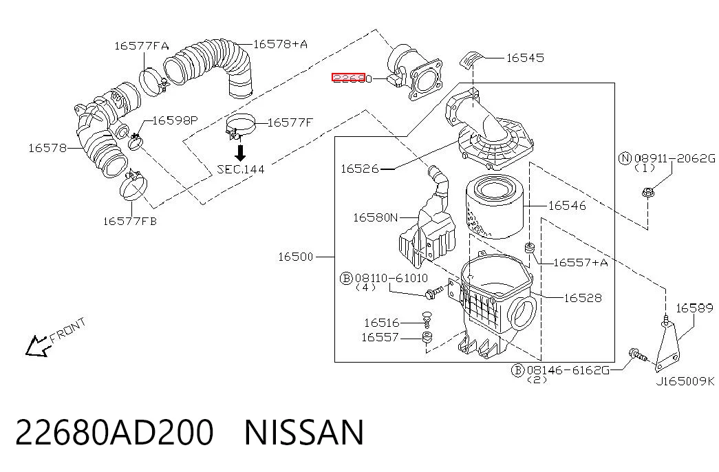 22680AD200 Nissan/Infiniti Czujnik przepływu powietrza, przepływomierz powietrza M.A.F.