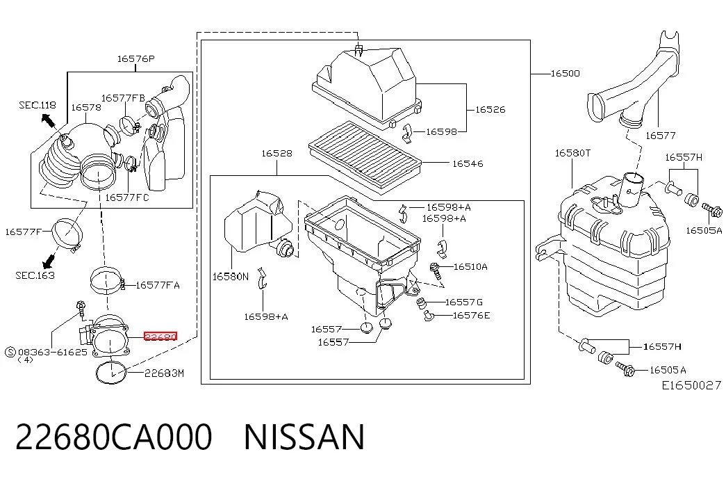 22680CA000 Nissan/Infiniti Czujnik przepływu powietrza, przepływomierz powietrza M.A.F.