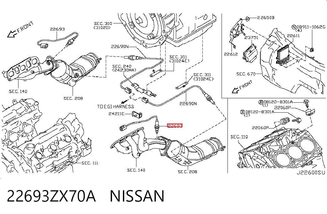 22693ZX70A Nissan/Infiniti Sonda lambda czujnik tlenu przed katalizatorem