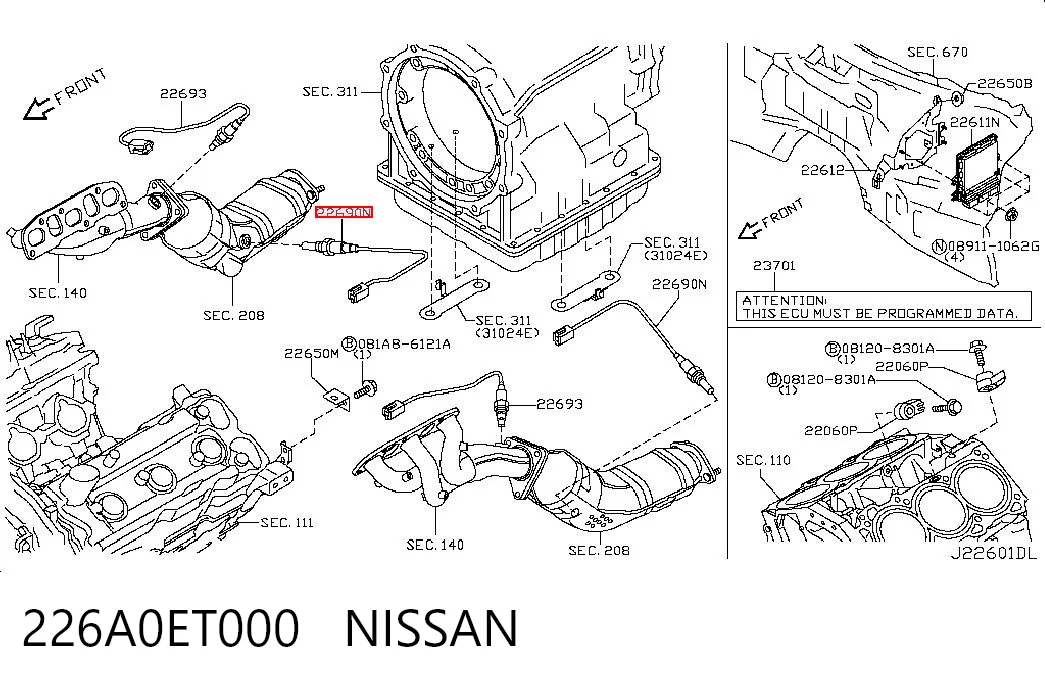 226A0ET000 Nissan/Infiniti Sonda lambda czujnik tlenu po katalizatorze