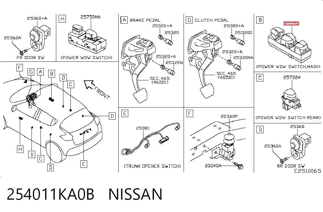 254011KA0B Nissan/Infiniti Panel przyciskowy sterowania podnośnikiem szyby przedni lewy