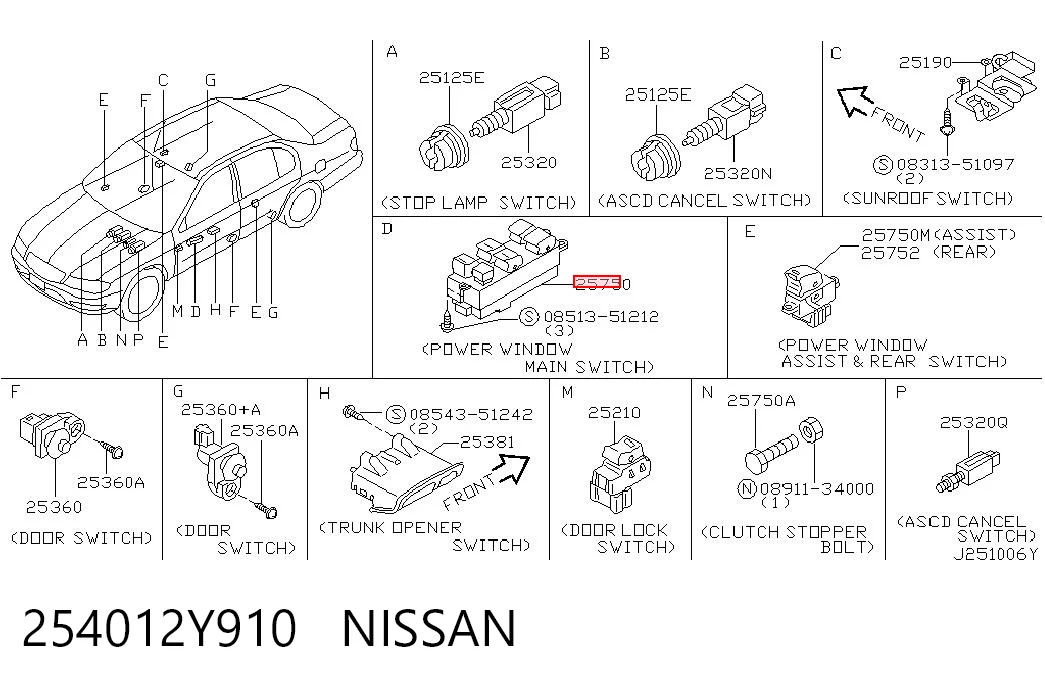 254012Y910 Nissan/Infiniti Panel przyciskowy sterowania podnośnikiem szyby przedni lewy