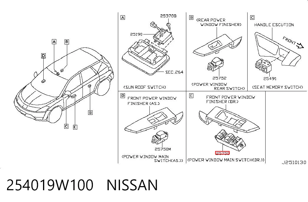 254019W100 Nissan/Infiniti Panel przyciskowy sterowania podnośnikiem szyby przedni lewy