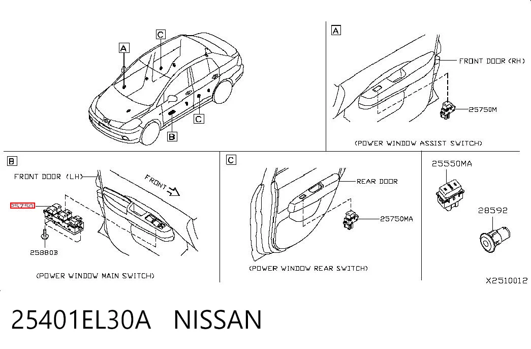 25401EL30A Nissan/Infiniti Panel przyciskowy sterowania podnośnikiem szyby przedni lewy