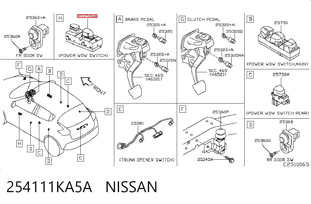 254111KA5A Nissan/Infiniti Włącznik przyciskowy podnośnika szyby przedni prawy
