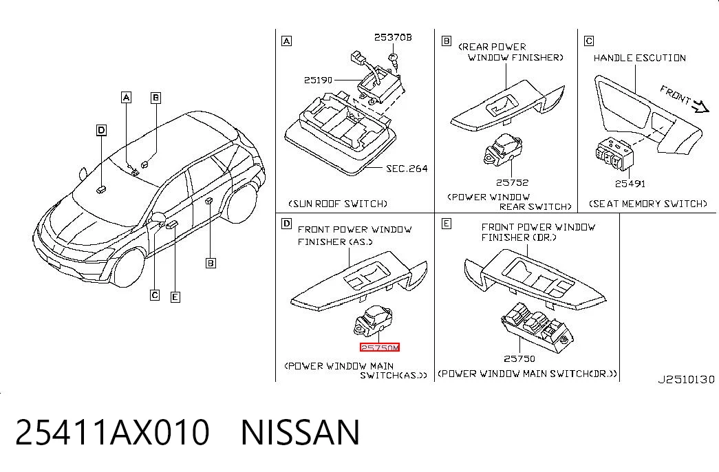 25411AX010 Nissan/Infiniti Włącznik przyciskowy podnośnika szyby przedni prawy