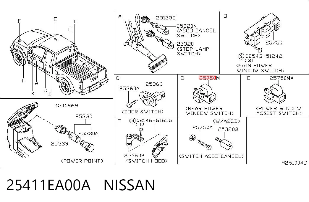 25411EA00A Nissan/Infiniti Włącznik przyciskowy podnośnika szyby tylny