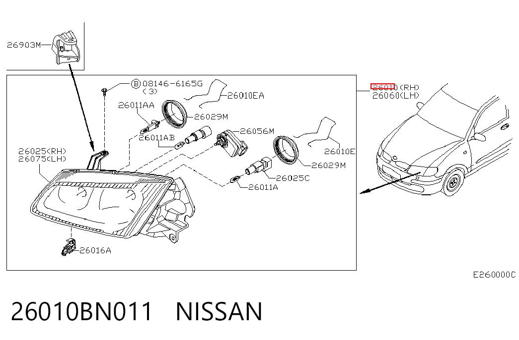 Reflektor prawy do Nissan Almera II N16