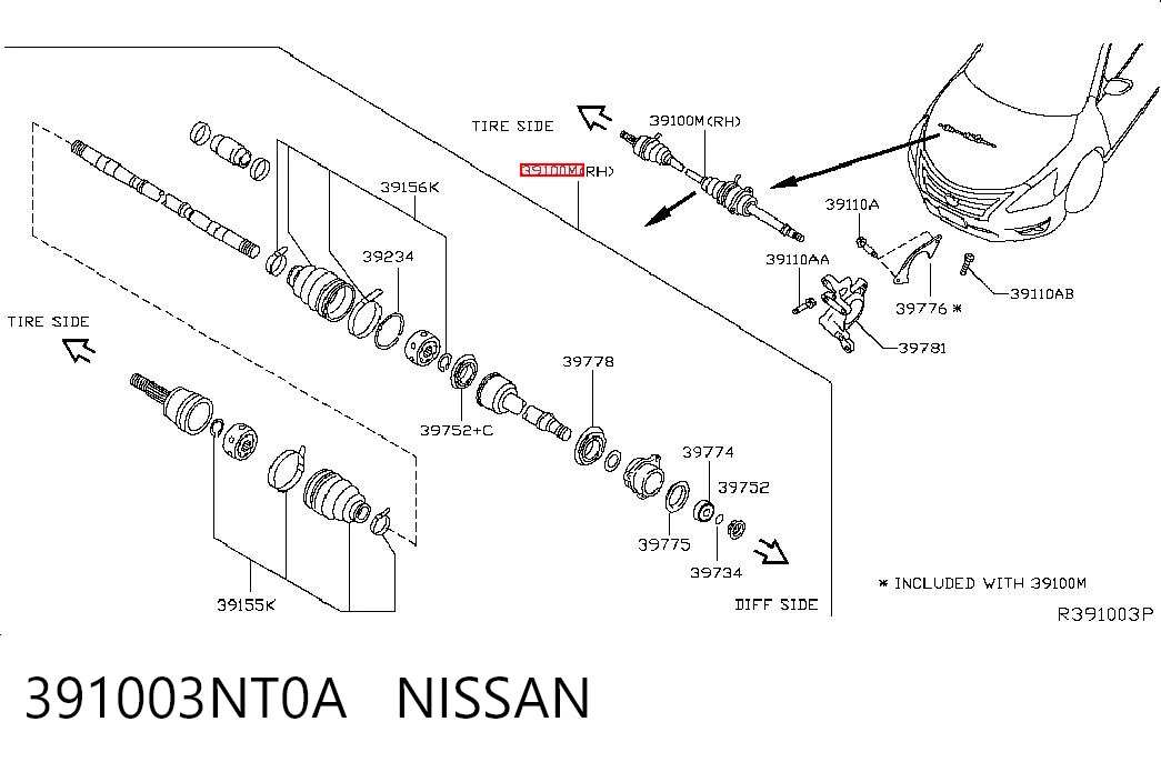 391003NT0A Nissan/Infiniti Półoś napędowa przednia prawa