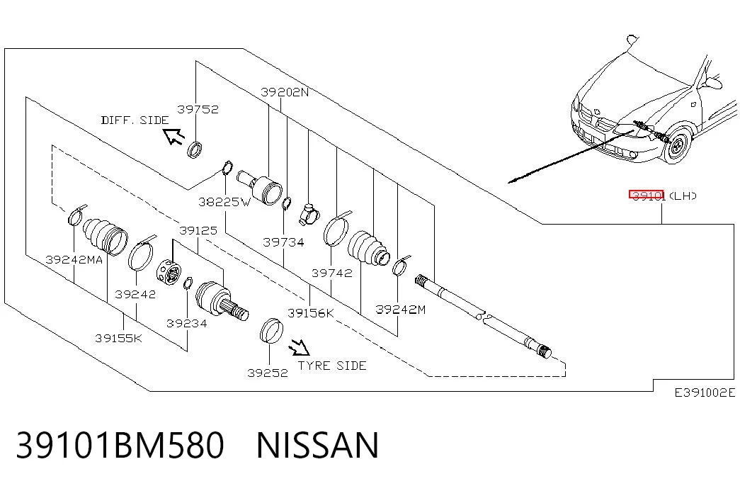 Półoś napędowa przednia lewa do Nissan Almera II N16