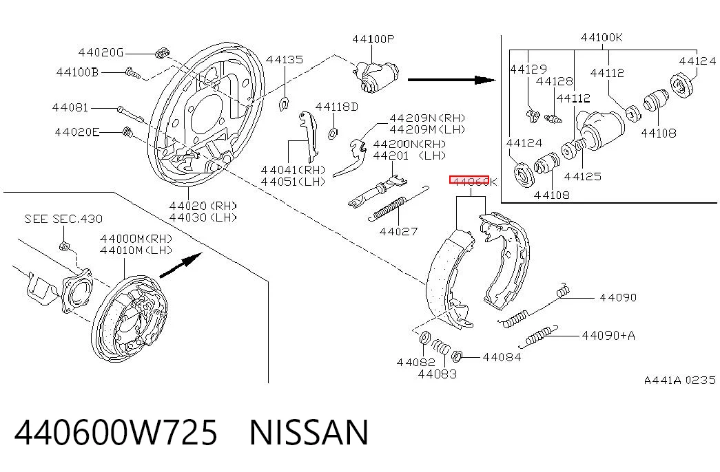 440600W725 Nissan/Infiniti Klocki hamulcowe tylne bębnowe
