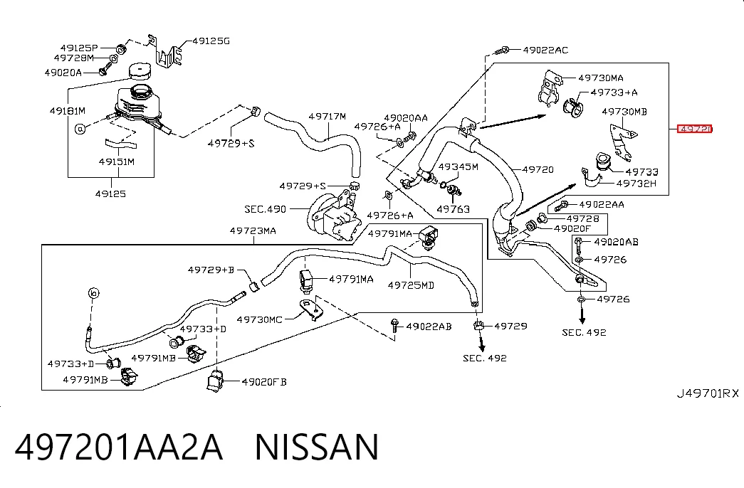 497201AA2A Nissan/Infiniti Przewód hydraulicznego układu wspomagania wysokiego ciśnienia, od pompy do maglownicy (mechanizmu)
