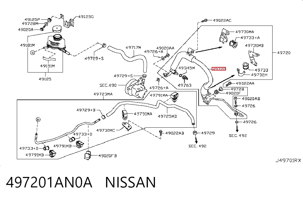 497201AN0A Nissan/Infiniti Przewód hydraulicznego układu wspomagania wysokiego ciśnienia, od pompy do maglownicy (mechanizmu)