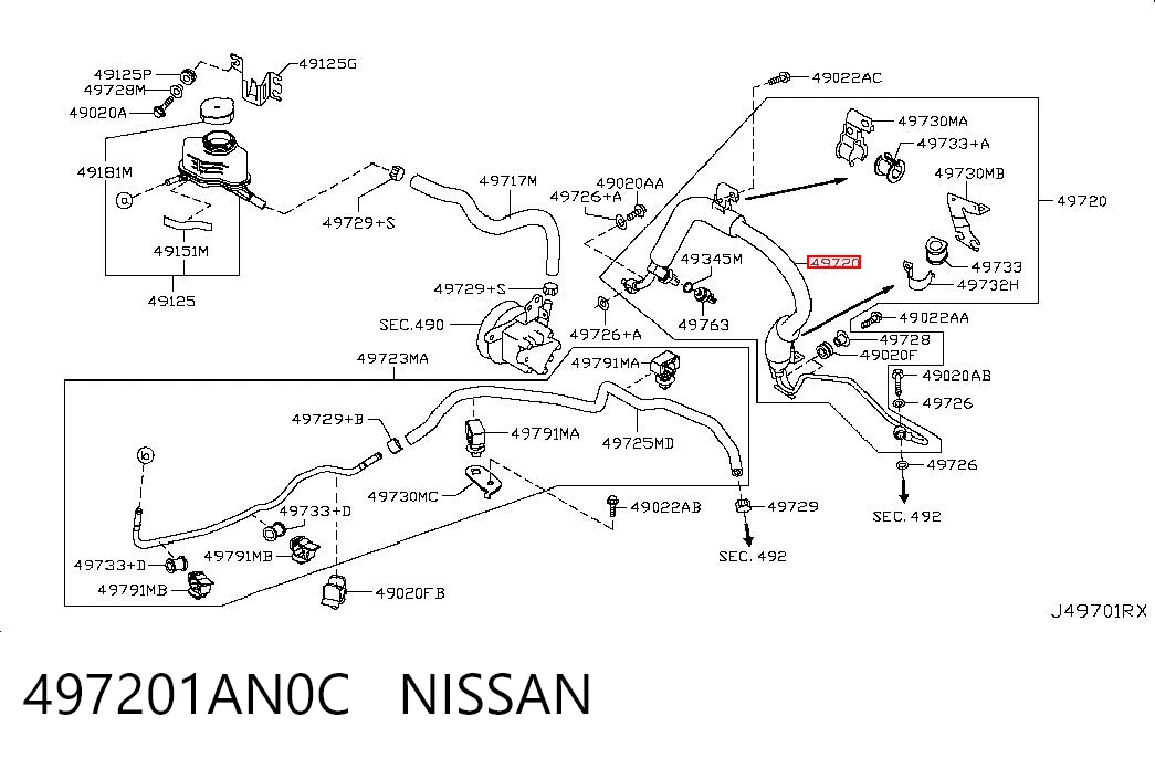 497201AN0C Nissan/Infiniti Przewód hydraulicznego układu wspomagania wysokiego ciśnienia, od pompy do maglownicy (mechanizmu)