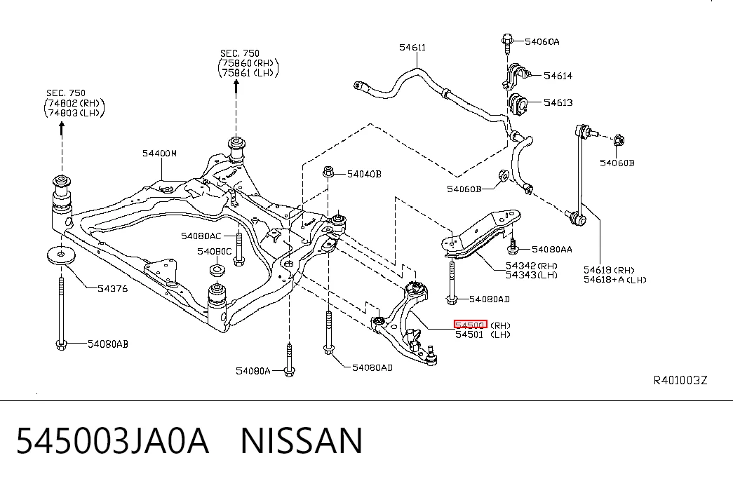 545003JA0A Nissan/Infiniti Wahacz zawieszenia przedniego dolny prawy