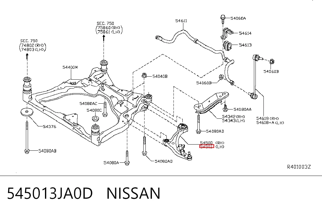545013JA0D Nissan/Infiniti Wahacz zawieszenia przedniego dolny lewy