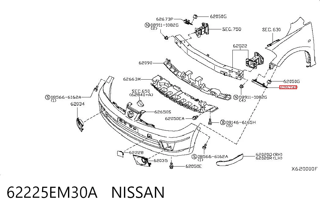 62225EM30A Nissan/Infiniti Wspornik zderzaka przedniego lewy