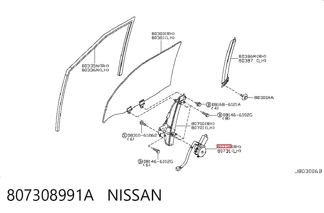 807308991A Nissan/Infiniti Silniczek podnnośnika szyby drzwi tylnych prawych