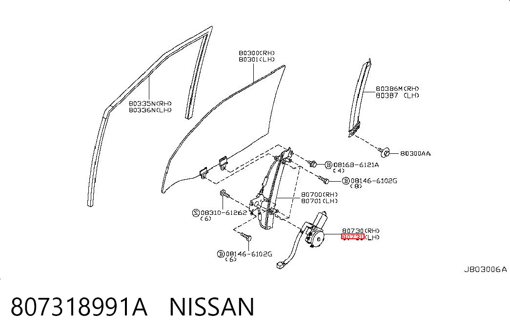 807318991A Nissan/Infiniti Silniczek podnośnika szyby drzwi tylnych lewych