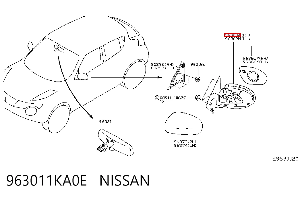Lusterko wsteczne prawe Nissan JUKE JPN hatchback (F15) (2010 - 2019) cena, od 121,36 USD