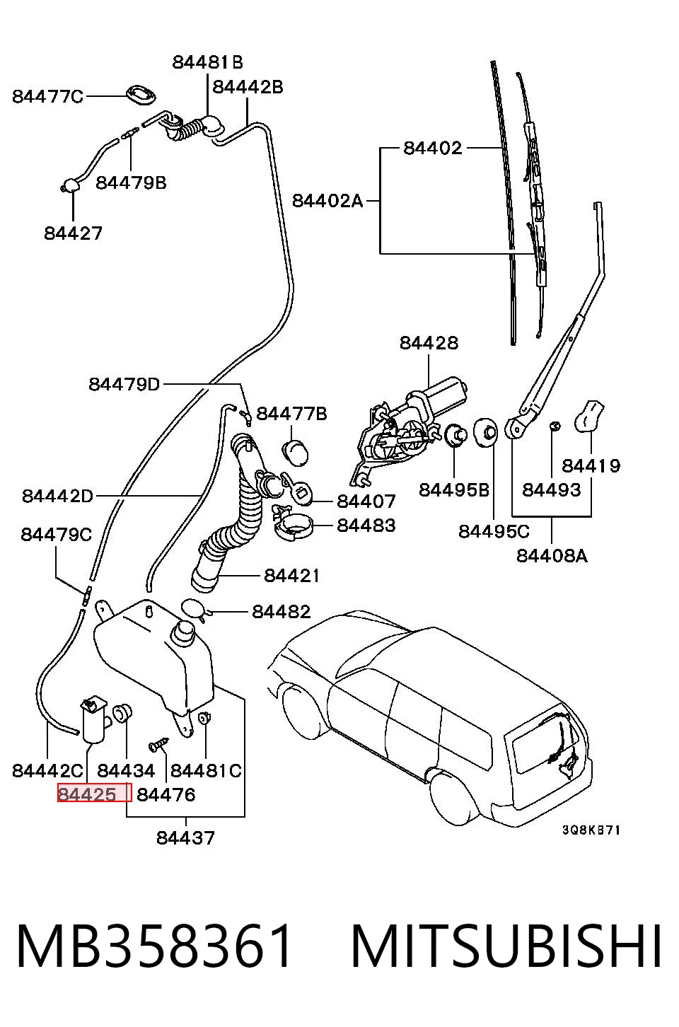 MB358361 Mitsubishi Pompka spryskiwacza szyby tylnej