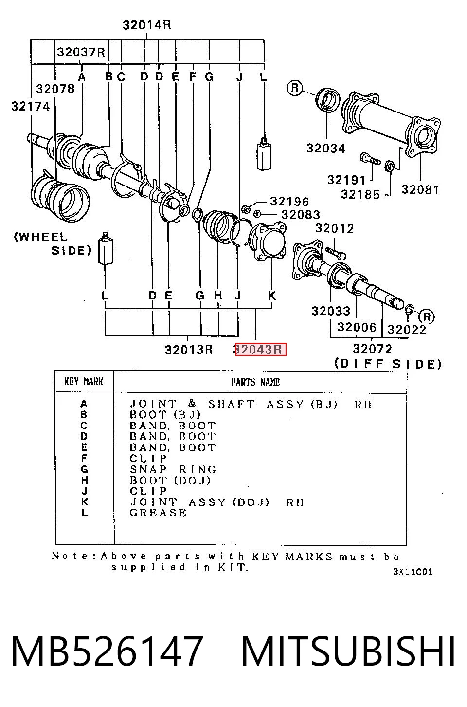 MB526147 Hyundai/Kia Przegub homokinetyczny zewnętrzny prawy przedni