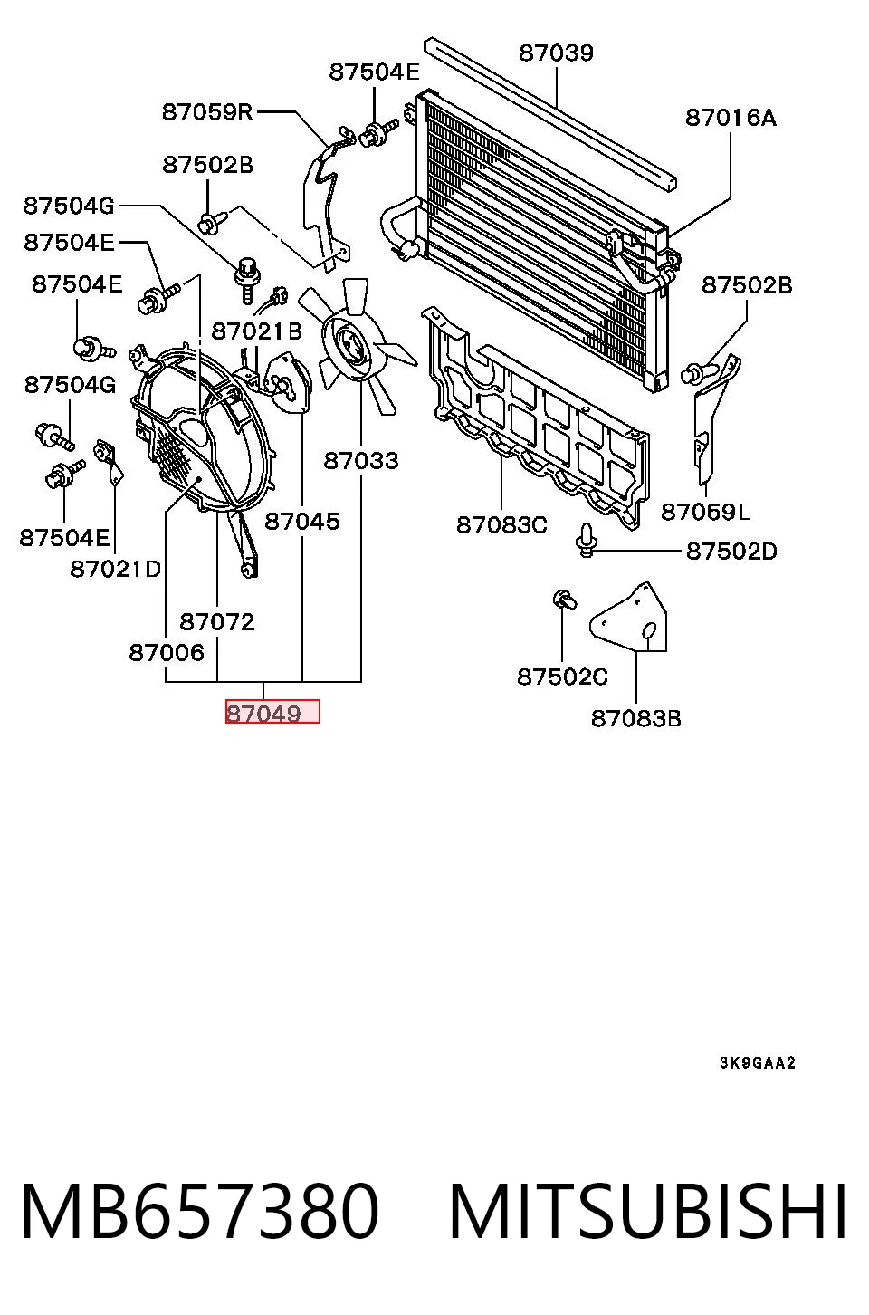 MB657380 Mitsubishi Dyfuzor chłodnicy klimatyzacji, w komplecie z wirnikiem i silnikiem