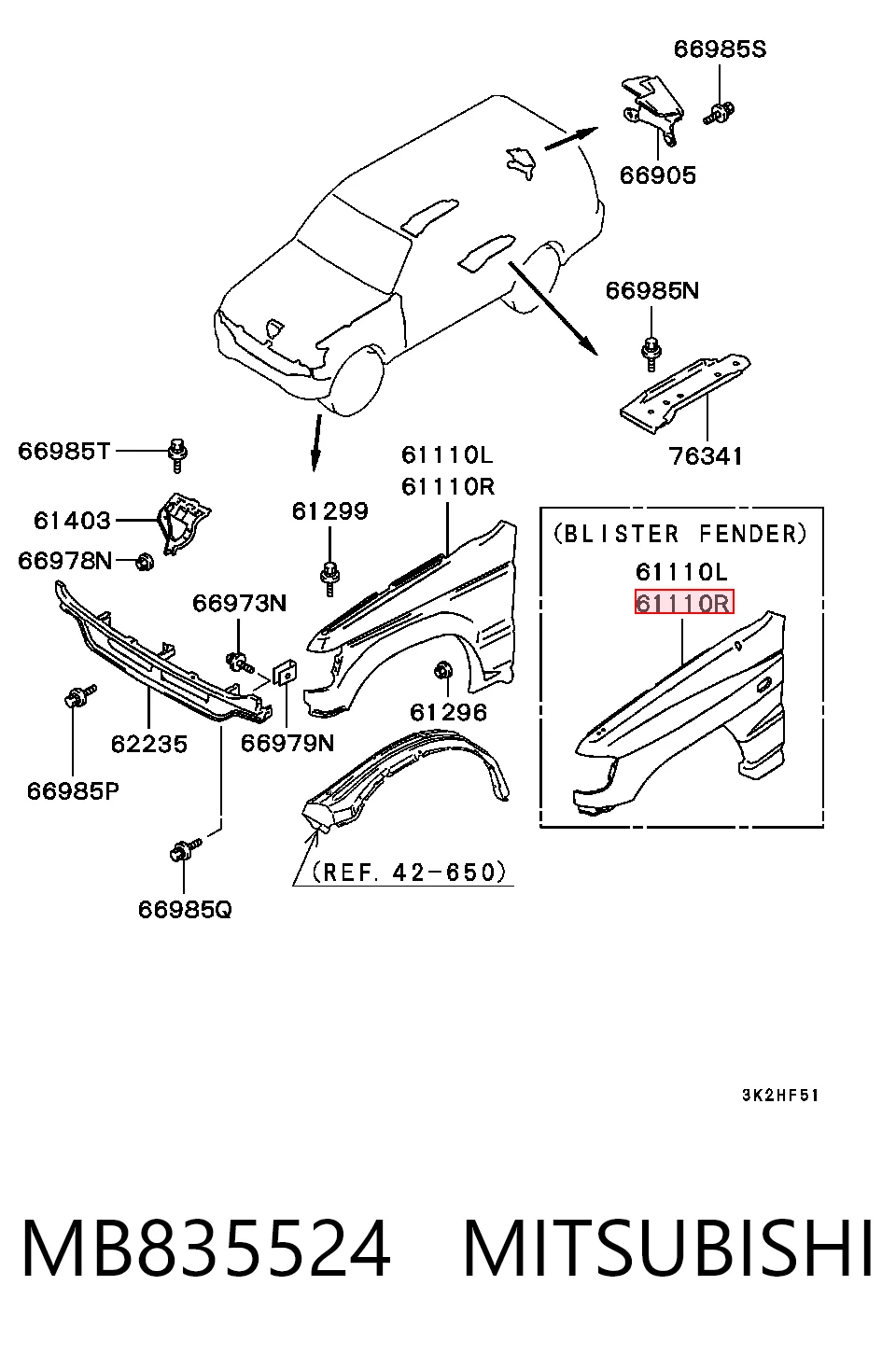 Błotnik przedni prawy do Mitsubishi Pajero II Canvas Top V2W, V4W
