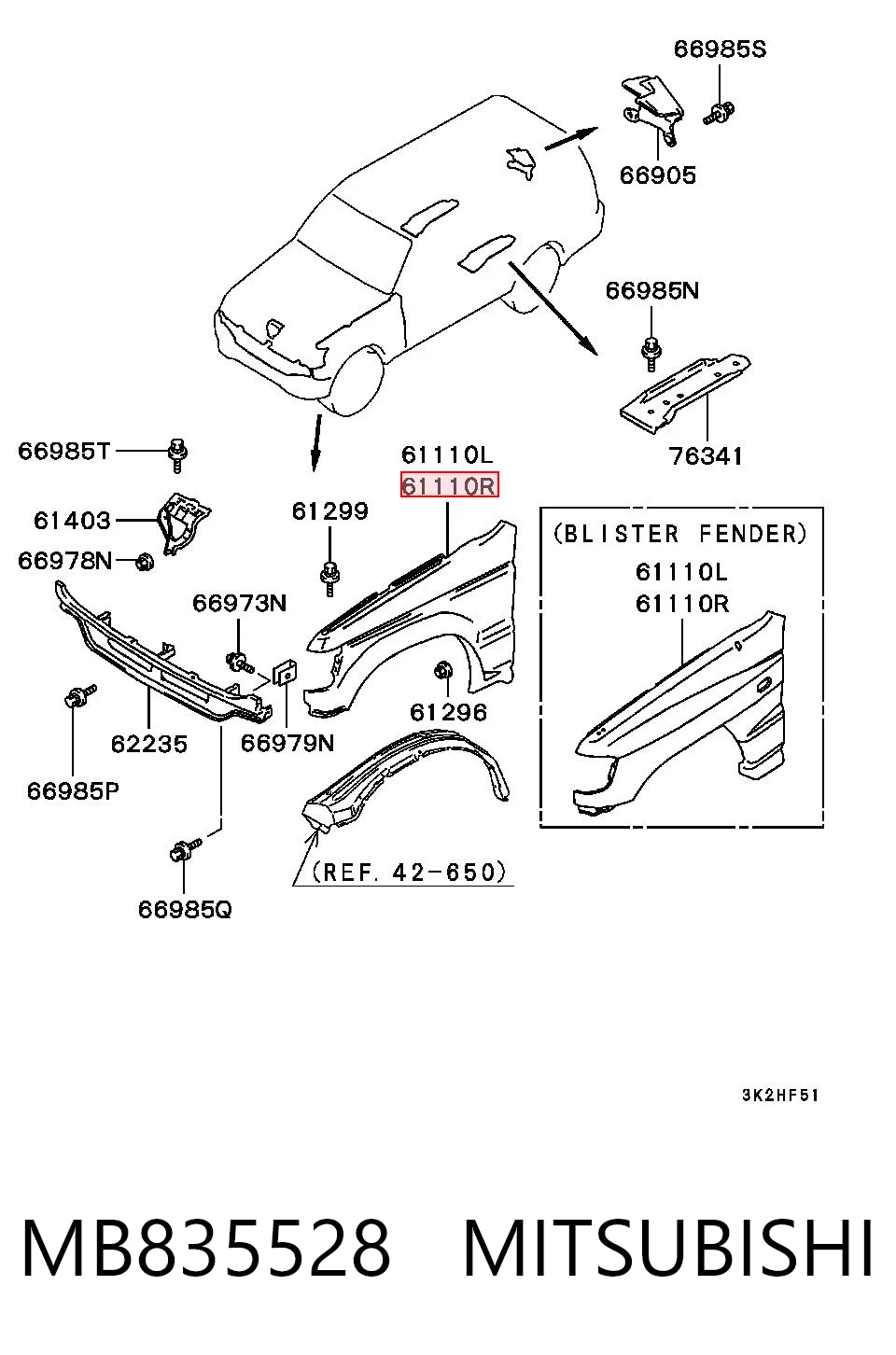 Błotnik przedni prawy Mitsubishi Pajero II Canvas Top SUV (V2W, V4W) (1990 - 2004) cena, od 77,30 USD