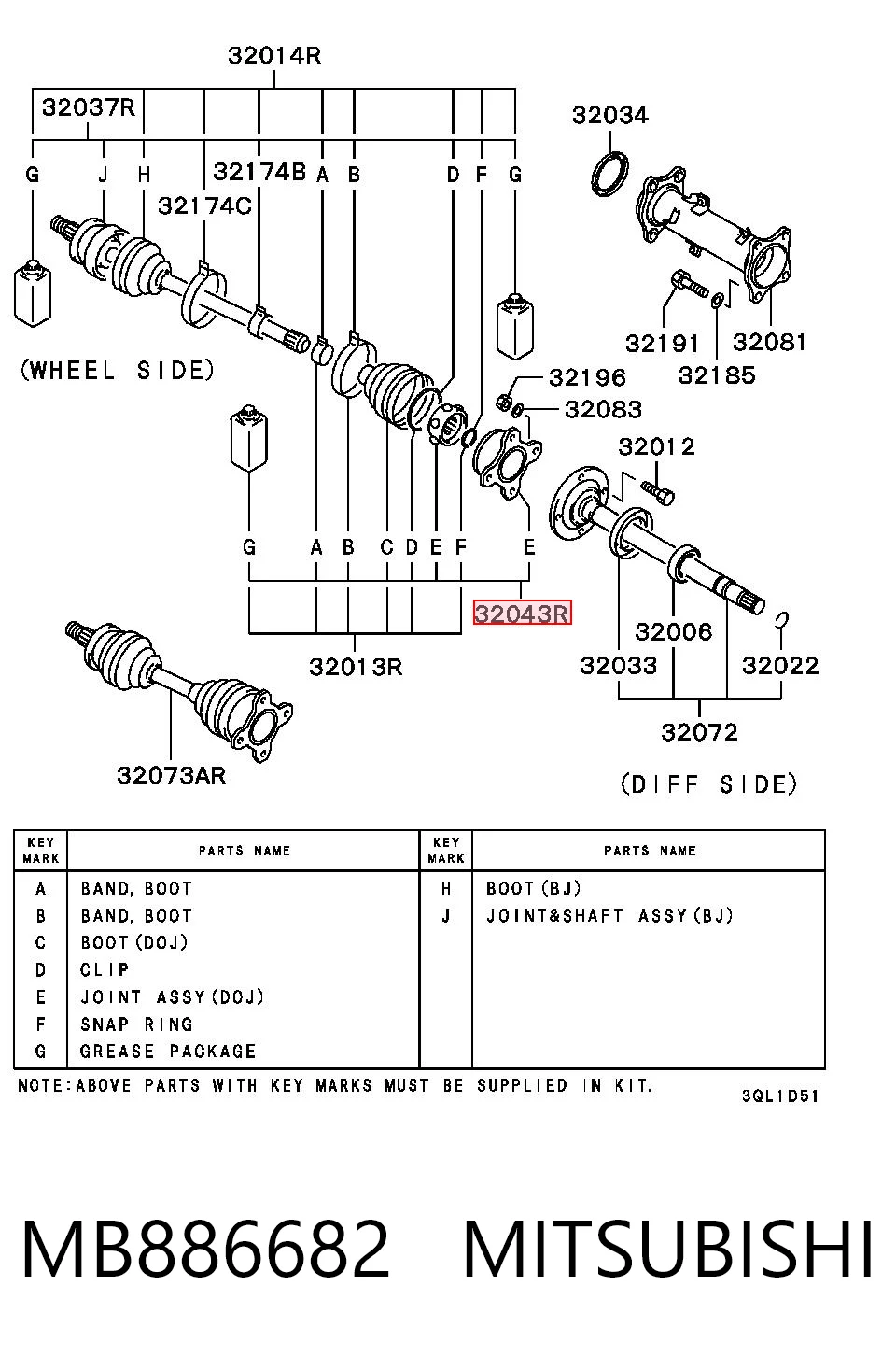 Przegub homokinetyczny wewnętrzny przedni prawy MB620328 Hyundai/Kia
