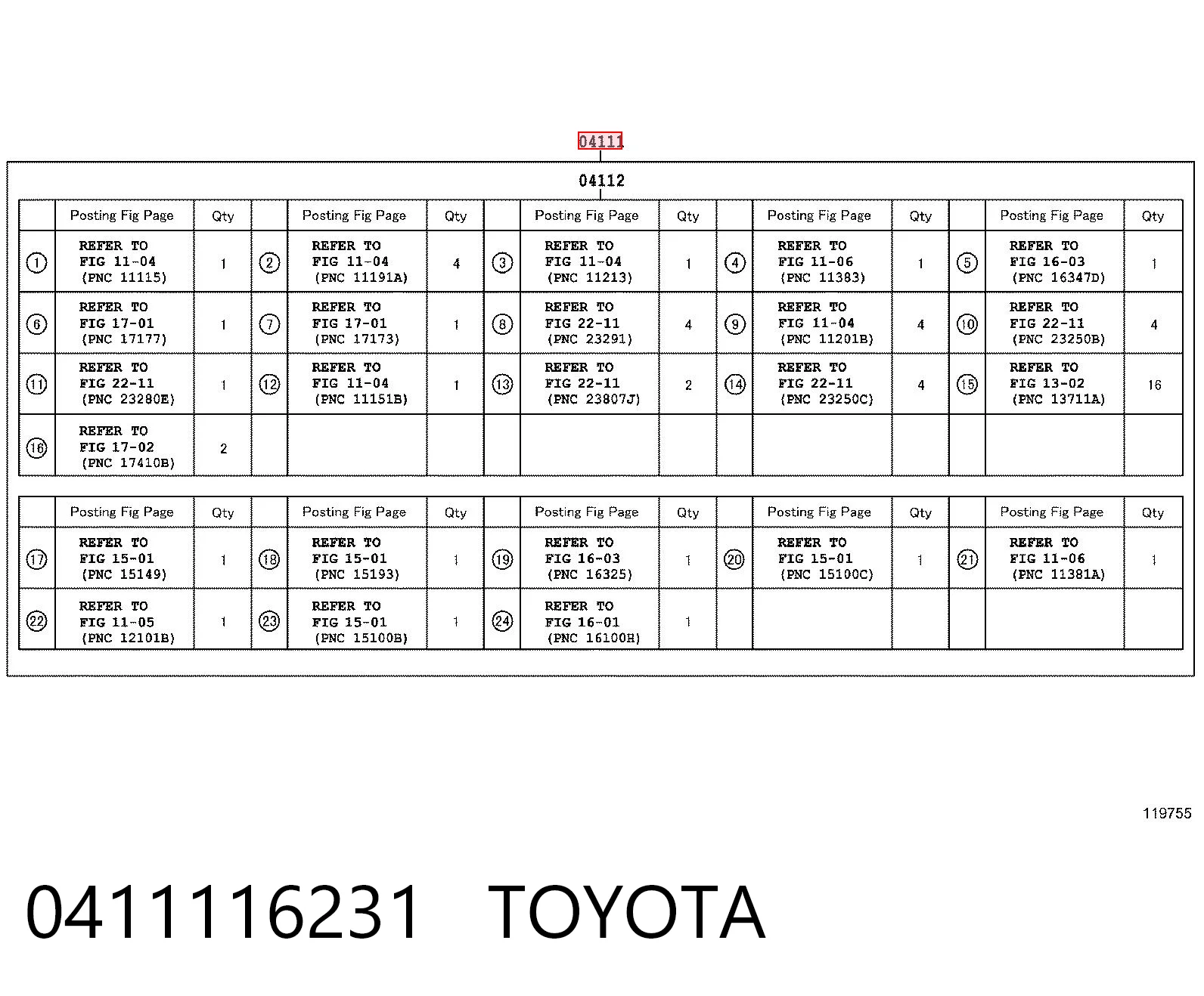0411116231 Toyota Zestaw uszczelek silnika pełny