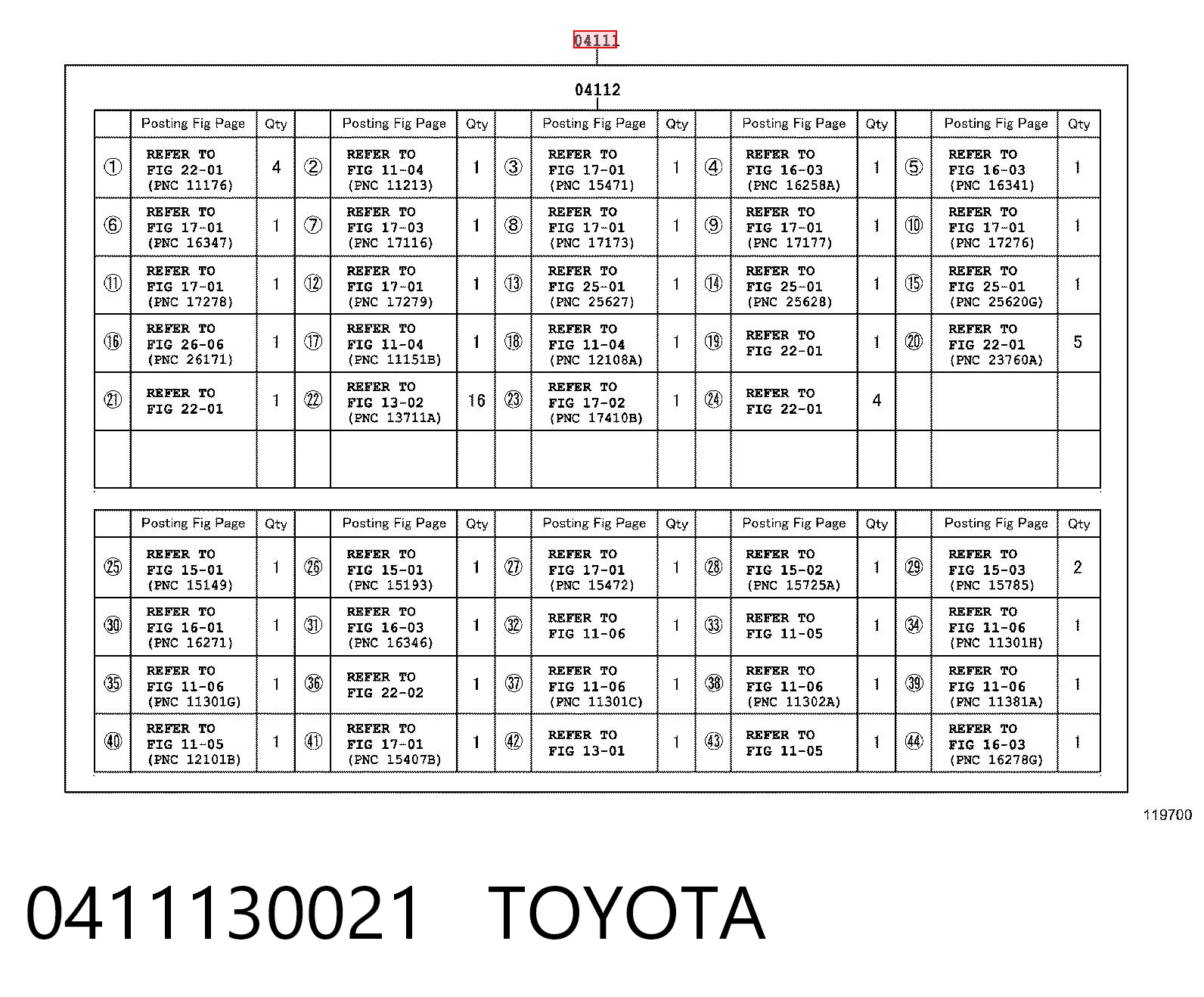 0411130021 Toyota Zestaw uszczelek silnika pełny