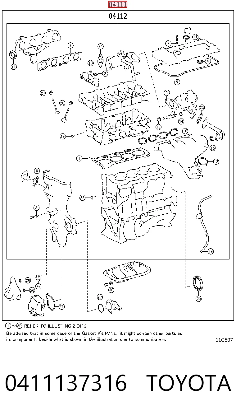0411137316 Toyota Zestaw uszczelek silnika pełny