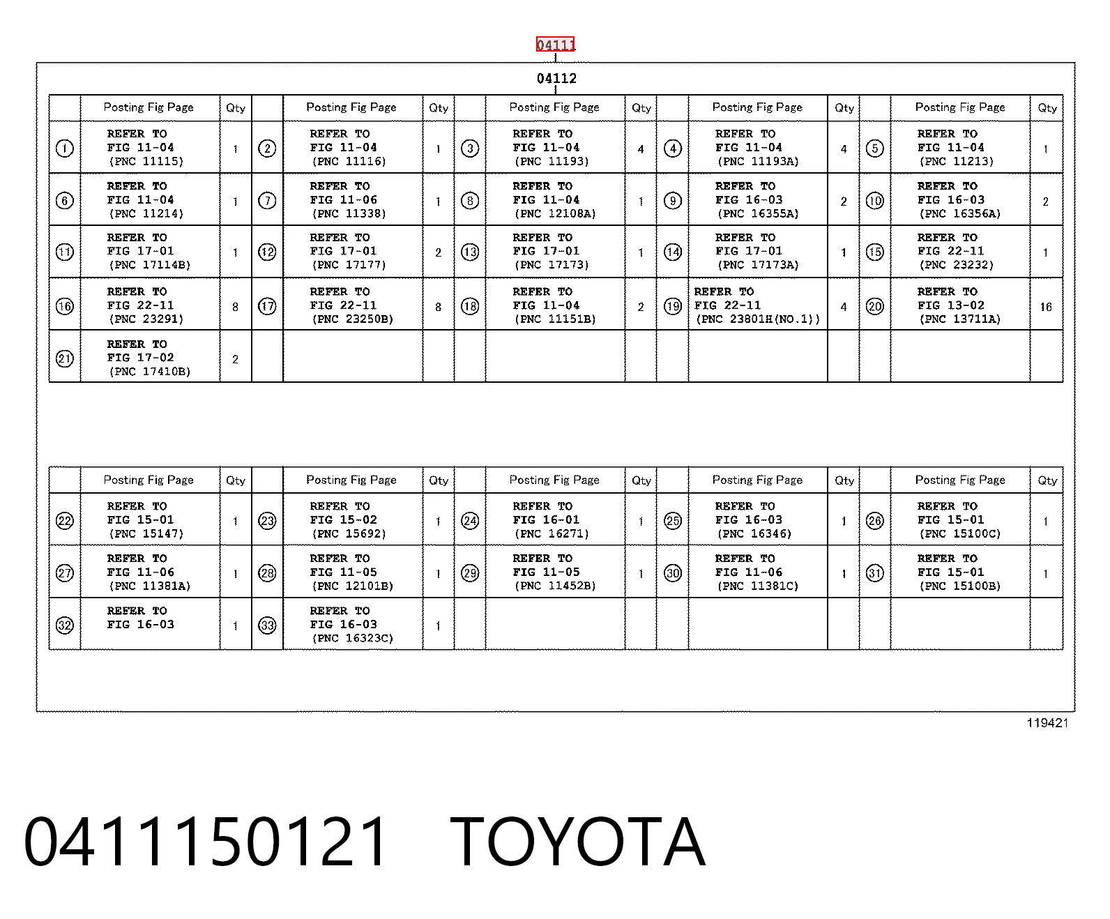 0411150121 Toyota Zestaw uszczelek silnika pełny
