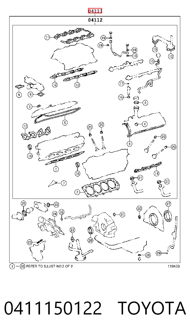 0411150122 Toyota Zestaw uszczelek silnika pełny